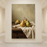 Still life canvas print of yellow and green pears on a rustic wooden table with white cloth, oil painting style.