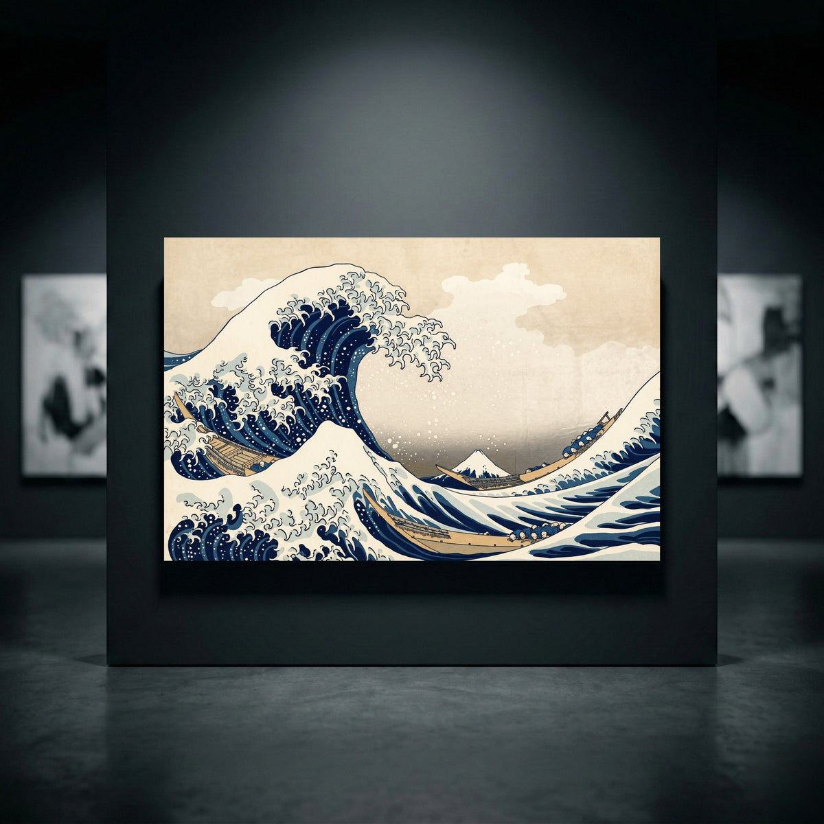 Iconic Japanese Great Wave off Kanagawa ukiyo-e canvas print with breaking waves, boats, and Mount Fuji in a gallery.