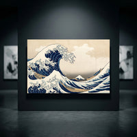 Iconic Japanese Great Wave off Kanagawa ukiyo-e canvas print with breaking waves, boats, and Mount Fuji in a gallery.