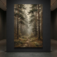 Misty pine forest pathway oil painting style canvas print with dense trees and a winding dirt trail.