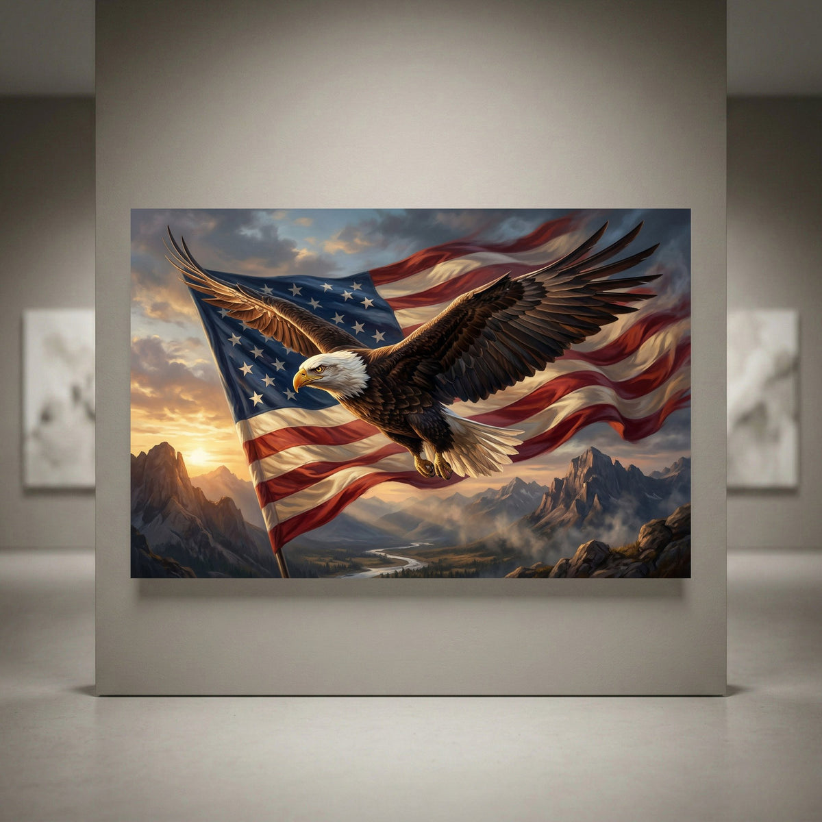 Majestic bald eagle flying with American flag, mountains, and river in a patriotic oil painting style canvas print.