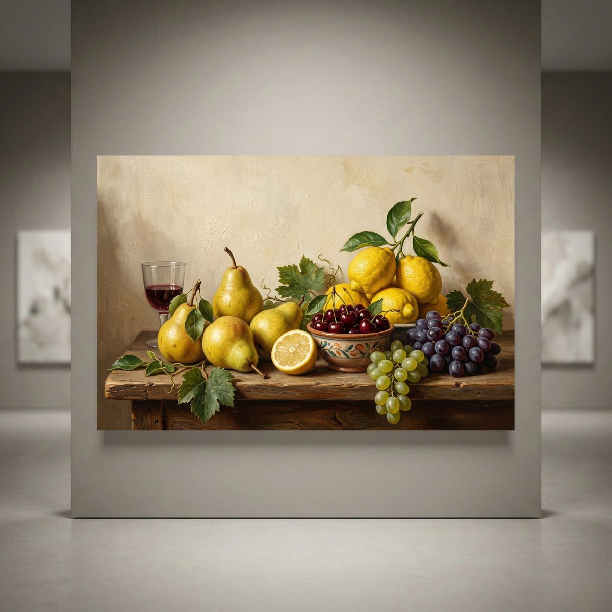 Still life oil painting style canvas print featuring ripe pears, lemons, cherries, and grapes on a rustic wooden table with wine.