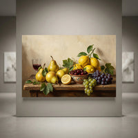Still life oil painting style canvas print featuring ripe pears, lemons, cherries, and grapes on a rustic wooden table with wine.