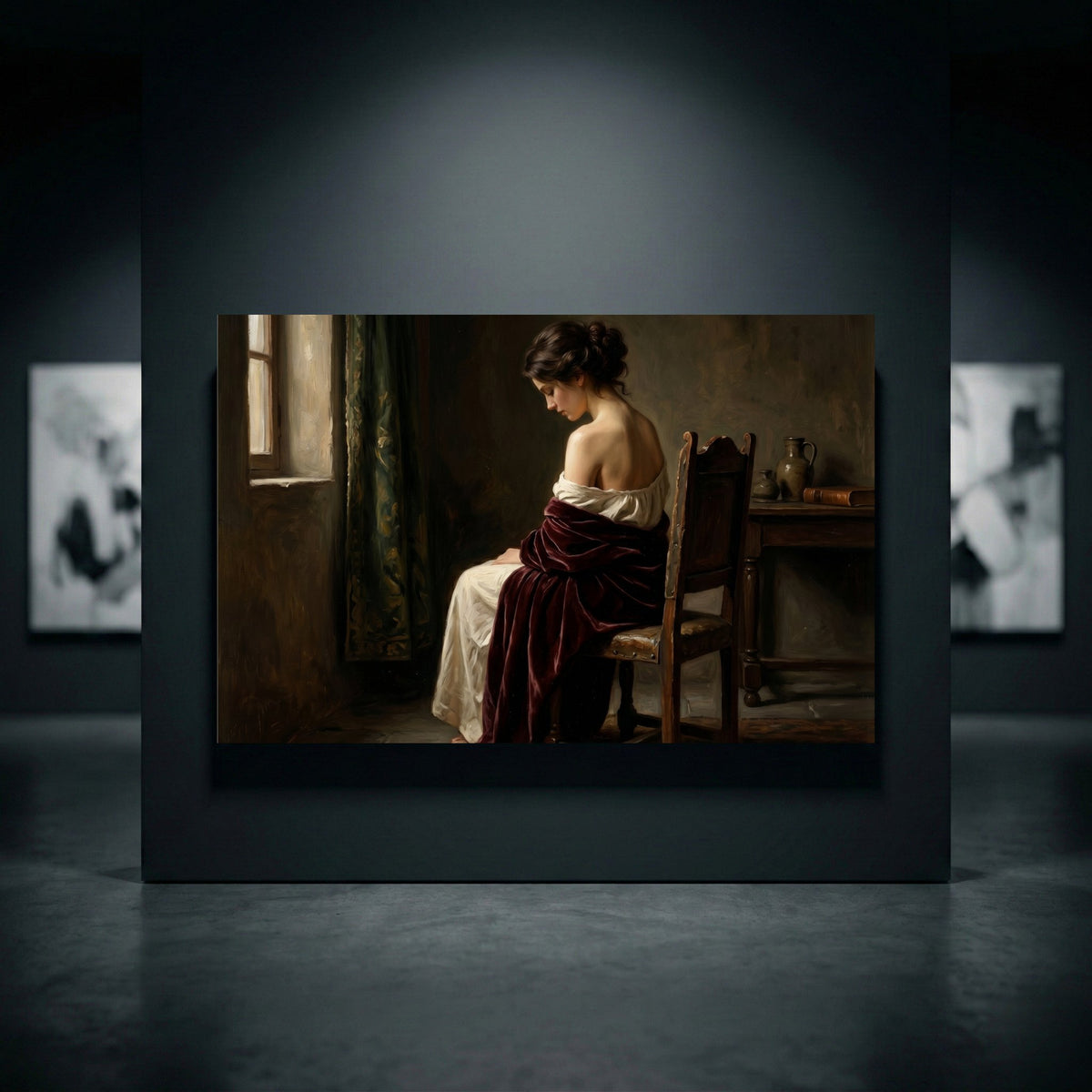 Classical oil painting style canvas print of a contemplative woman in a red shawl seated by a window, with a table and book.