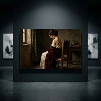 Classical oil painting style canvas print of a contemplative woman in a red shawl seated by a window, with a table and book.