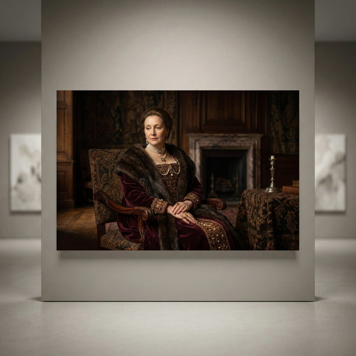 Regal noblewoman portrait canvas print in historical oil painting style, featuring rich velvet, pearls, and fur.