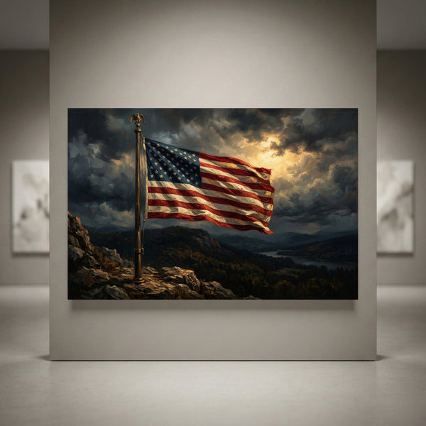 American Flag Mountain Canvas Wall Art, Dramatic Patriotic Landscape Print, Rustic Living Room Decor