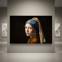 Classic "Girl with a Pearl Earring" oil painting style canvas print, featuring a young woman with a blue and gold headscarf and a pearl earring.