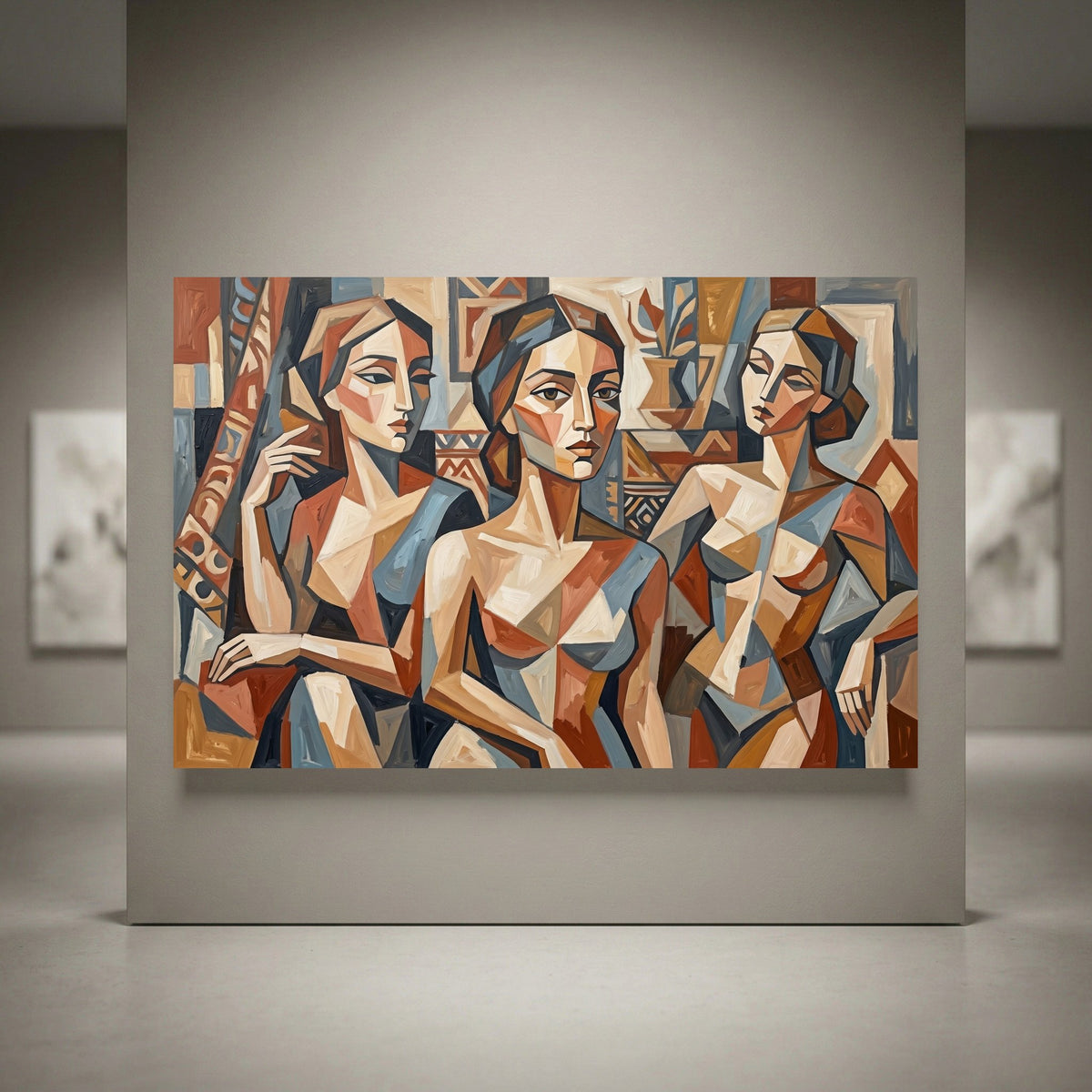 Cubist three women abstract art canvas print, featuring geometric figures in earthy brown, blue, and cream tones.