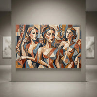 Cubist three women abstract art canvas print, featuring geometric figures in earthy brown, blue, and cream tones.