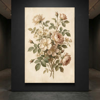 Vintage oil painting style canvas print featuring a detailed bouquet of white and pink roses with green leaves.