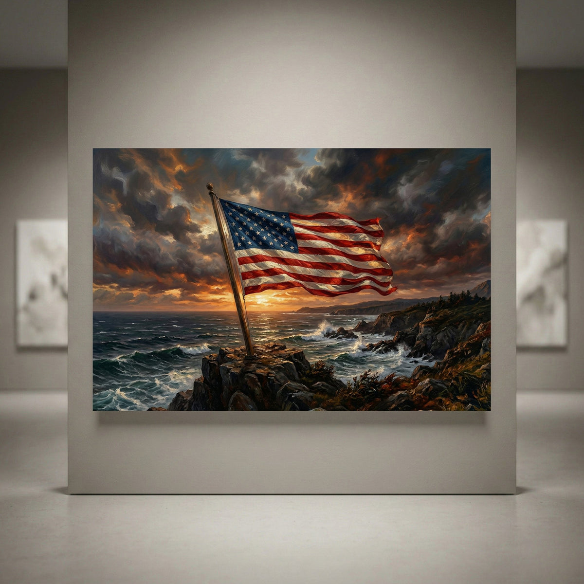 American flag canvas print on a rocky coast at sunset with dramatic clouds and crashing ocean waves, oil painting style.