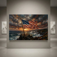 American flag canvas print on a rocky coast at sunset with dramatic clouds and crashing ocean waves, oil painting style.