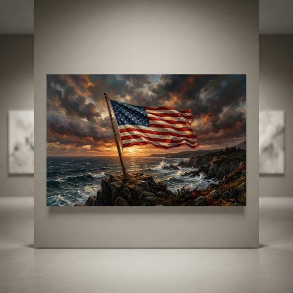 American flag canvas print on a rocky coast at sunset with dramatic clouds and crashing ocean waves, oil painting style.