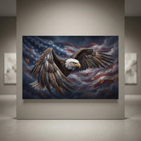 Bald eagle and American flag canvas print, patriotic art with falling leaves, dynamic oil painting style.