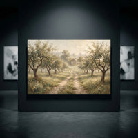 Misty orchard landscape canvas print with apple trees, a rustic house, and a winding path in a soft oil painting style.
