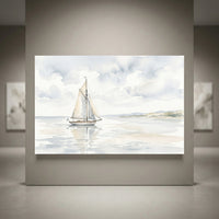 Watercolor style sailboat canvas print art featuring a lone white boat on calm water, cloudy sky, and distant shoreline.