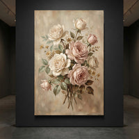 Vintage oil painting style canvas print featuring a romantic bouquet of cream and blush pink roses with green leaves.