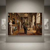 Dapper cat in a green suit and glasses standing in a grand art gallery, classical style canvas print.
