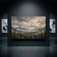 Oil painting style canvas print of a misty mountain landscape with dark pine forests and dramatic cloudy sky at dusk.