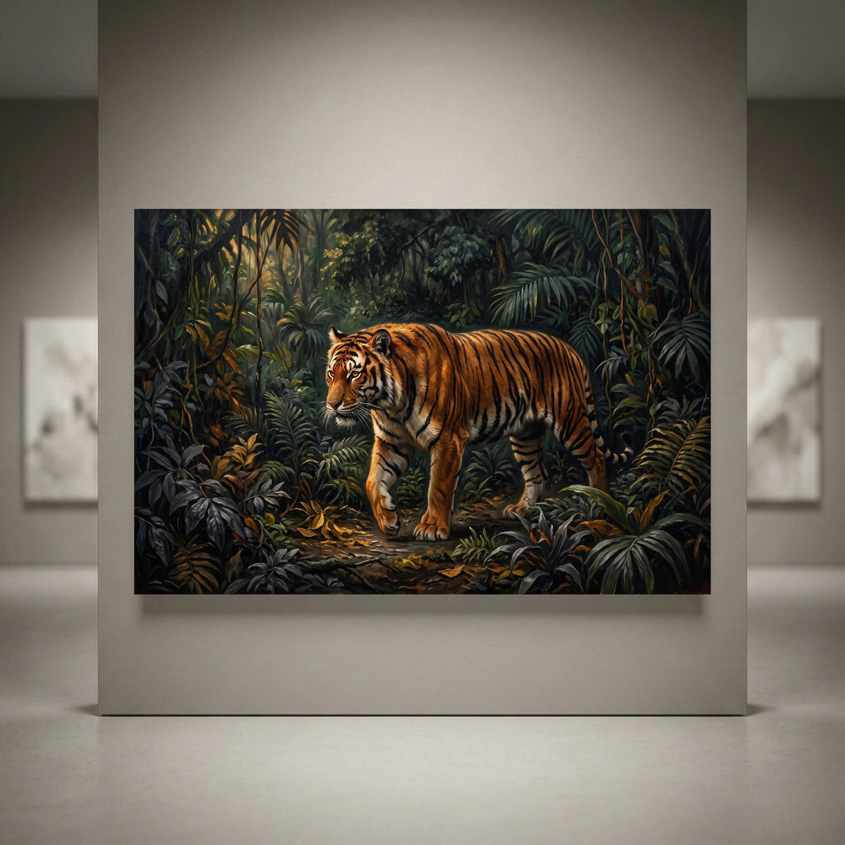 Realistic tiger in a dense jungle canvas print, showcasing rich greens and orange stripes in an oil painting style.