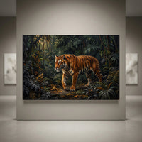 Realistic tiger in a dense jungle canvas print, showcasing rich greens and orange stripes in an oil painting style.