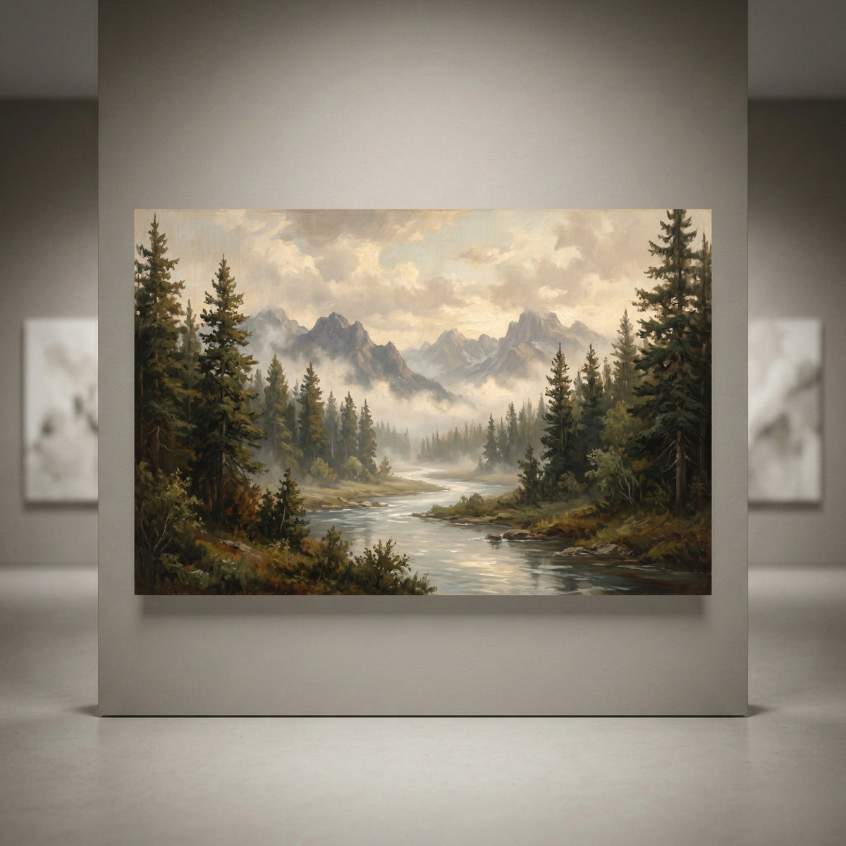Mountain landscape oil painting style canvas print featuring pine trees, winding river, misty peaks, and cloudy sky.