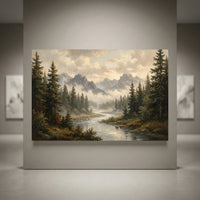 Mountain landscape oil painting style canvas print featuring pine trees, winding river, misty peaks, and cloudy sky.