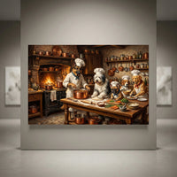Whimsical chef dogs cooking in a rustic kitchen, German Shepherd, Sheepdog, Beagle, Golden Retriever in chef hats canvas print.