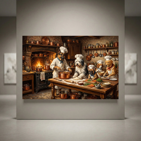 Whimsical chef dogs cooking in a rustic kitchen, German Shepherd, Sheepdog, Beagle, Golden Retriever in chef hats canvas print.