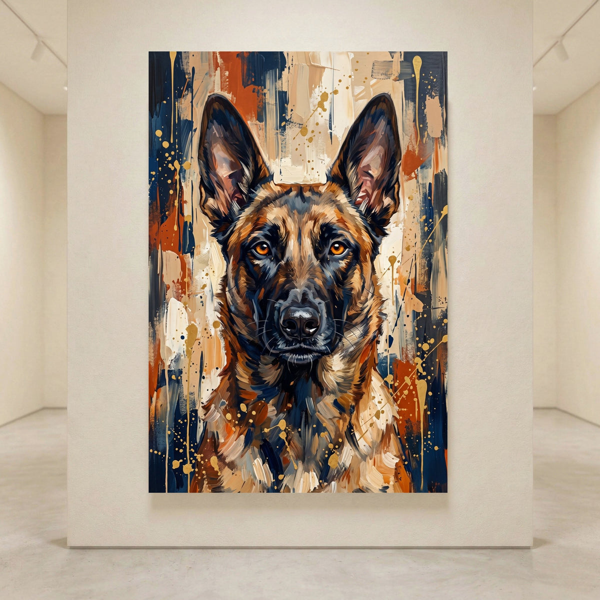 Abstract German Shepherd dog portrait canvas print with expressive brushstrokes, deep blues, browns, and gold splatters.