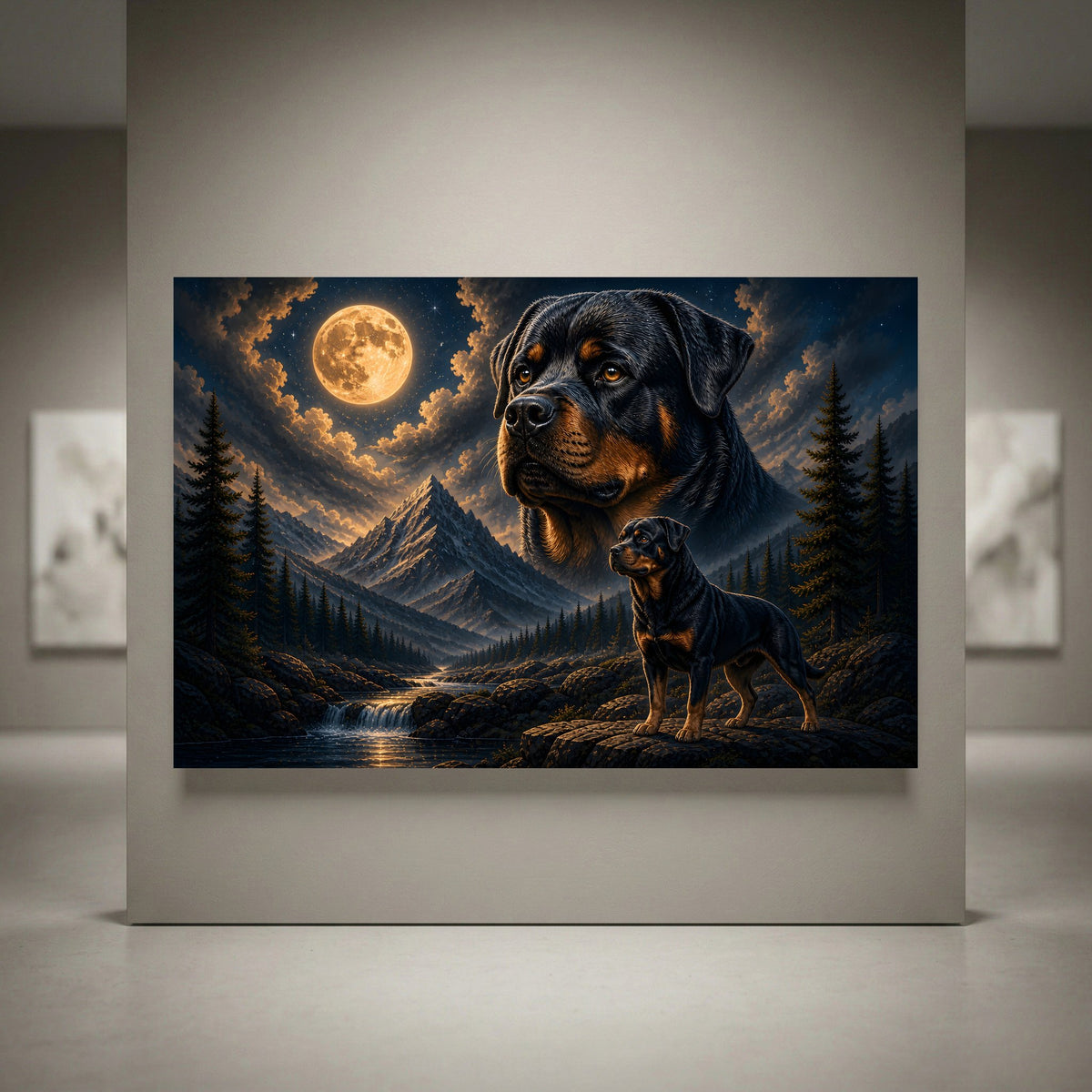 Rottweiler dogs canvas print with a moonlit mountain and forest landscape, featuring a large and small Rottweiler.