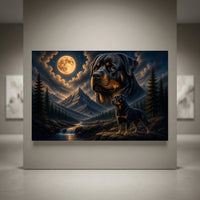 Rottweiler dogs canvas print with a moonlit mountain and forest landscape, featuring a large and small Rottweiler.