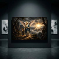 Guardian angel holding a child's hand on a path at sunset, traditional spiritual oil painting style canvas print.