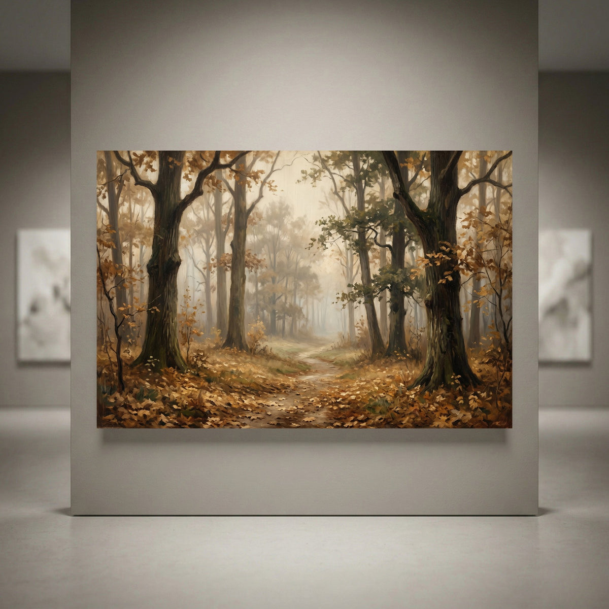 Autumn forest path canvas print, misty woodland scene, golden fall leaves, rustic decor, landscape art, oil painting style.