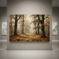 Autumn forest path canvas print, misty woodland scene, golden fall leaves, rustic decor, landscape art, oil painting style.