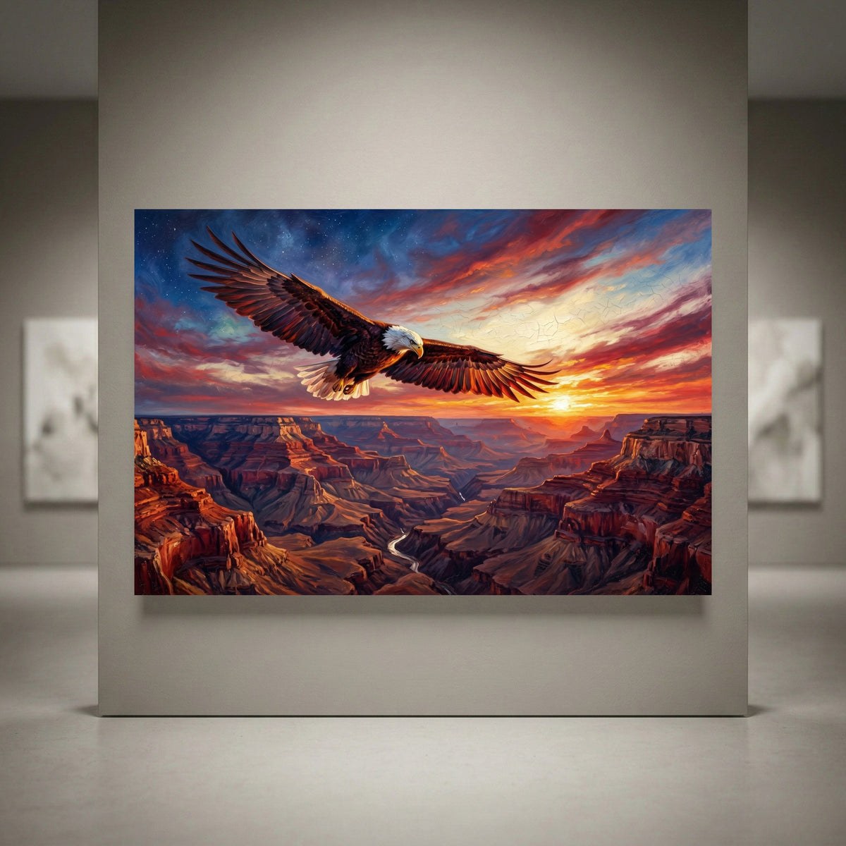 Bald eagle soaring over Grand Canyon at sunset, vibrant oil painting style canvas print wall art.