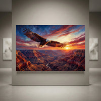 Bald eagle soaring over Grand Canyon at sunset, vibrant oil painting style canvas print wall art.