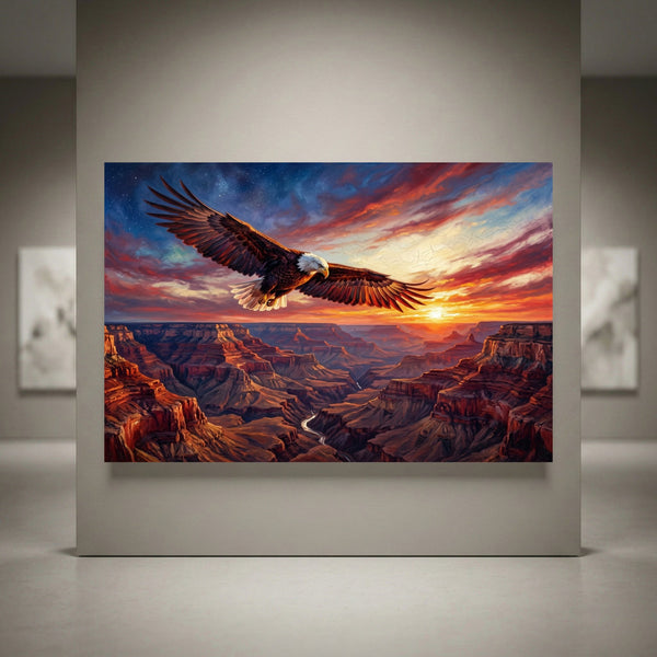 Bald eagle soaring over Grand Canyon at sunset, vibrant oil painting style canvas print wall art.