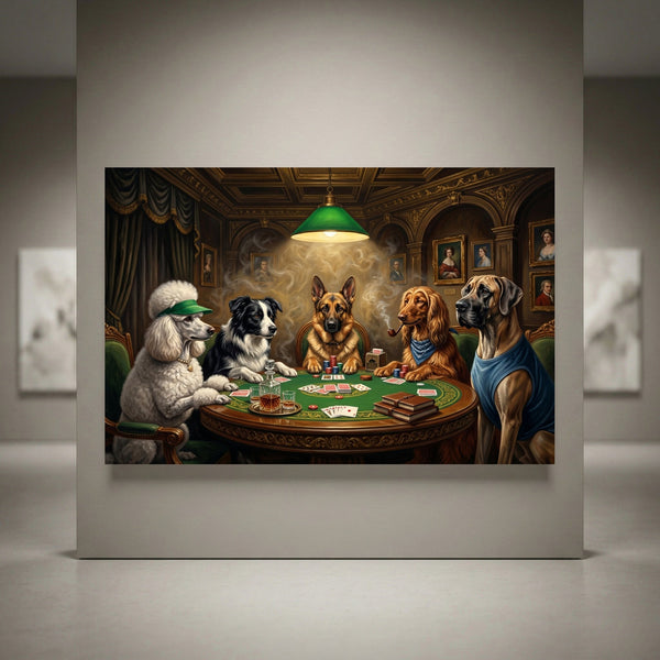 Dogs playing poker canvas print featuring a Poodle, German Shepherd, Great Dane, Border Collie, and Spaniel.