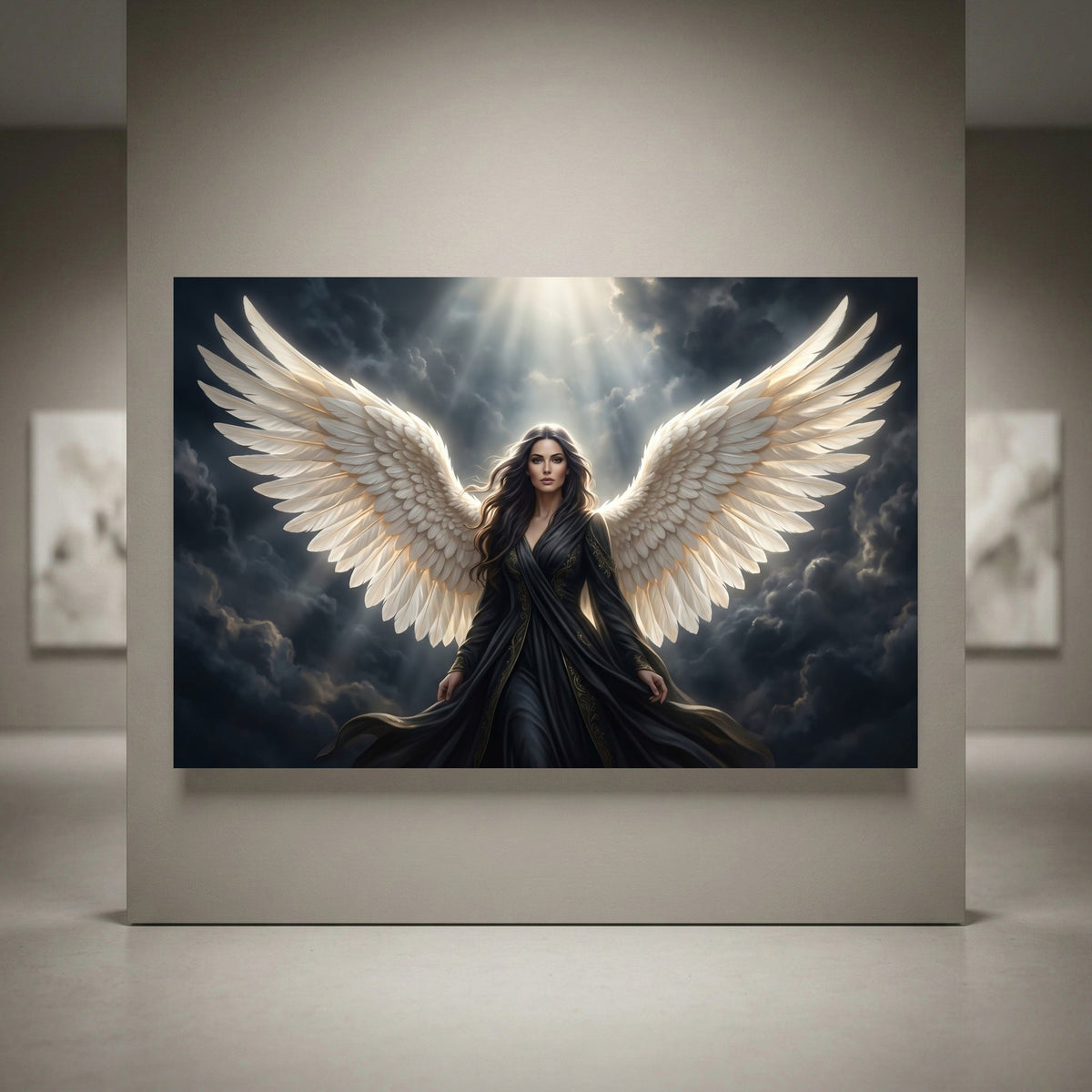 Mystical angel with large white wings in a dramatic cloudy sky, light rays, elegant dark dress canvas print.