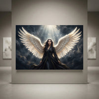 Mystical angel with large white wings in a dramatic cloudy sky, light rays, elegant dark dress canvas print.