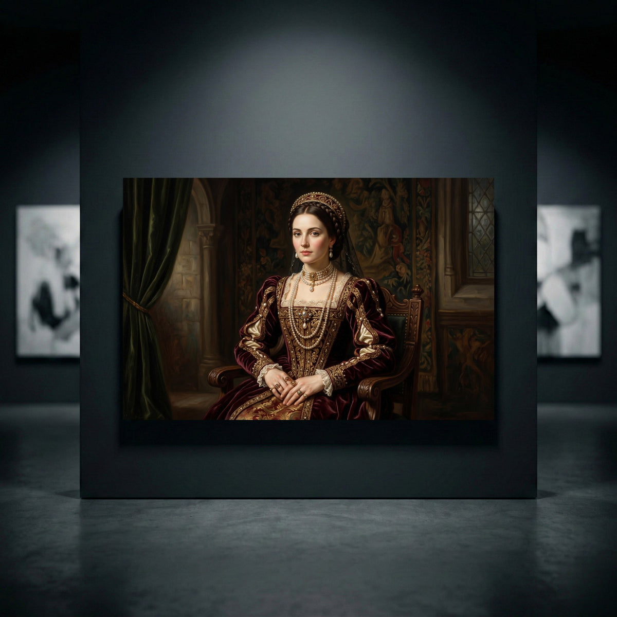 Regal noblewoman historical portrait canvas print in oil painting style, featuring rich burgundy gown, pearls, and gold details.