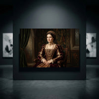Regal noblewoman historical portrait canvas print in oil painting style, featuring rich burgundy gown, pearls, and gold details.