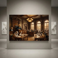 Canine courtroom drama oil painting style canvas print with dog judge, lawyers, and jury in a classic setting.