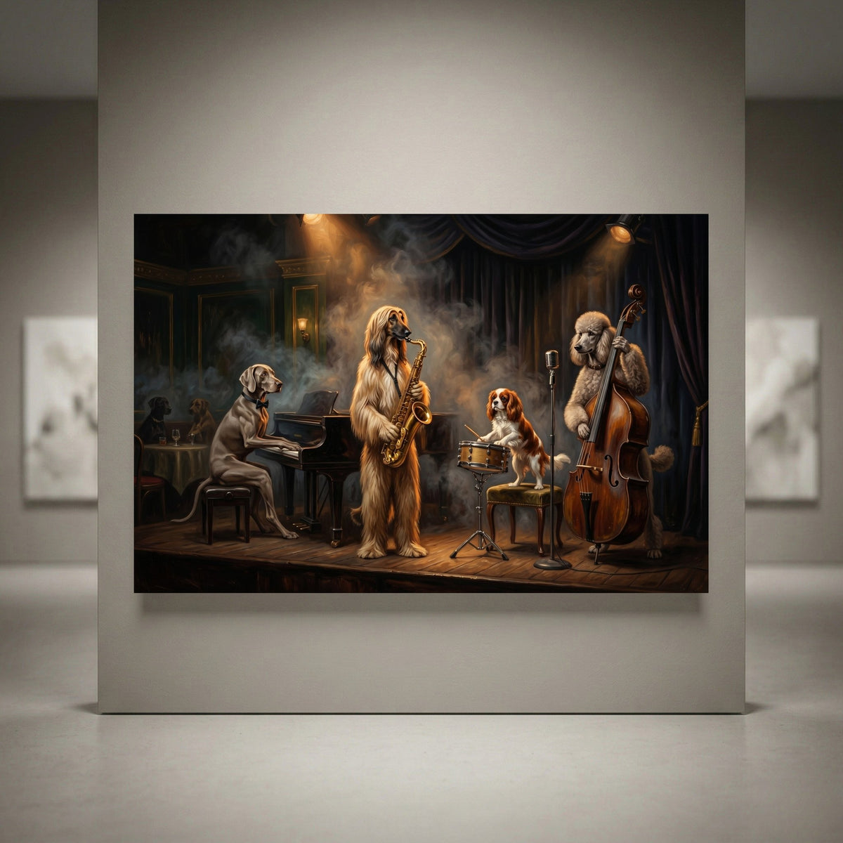Detailed canvas print of dogs playing jazz instruments: saxophone, piano, drums, upright bass in a smoky, spotlighted club.