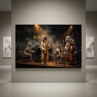 Detailed canvas print of dogs playing jazz instruments: saxophone, piano, drums, upright bass in a smoky, spotlighted club.