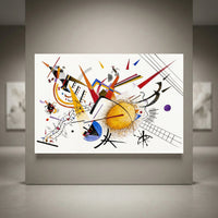 Kandinsky style abstract art canvas print with colorful geometric shapes, lines, and a textured golden sphere on white background.
