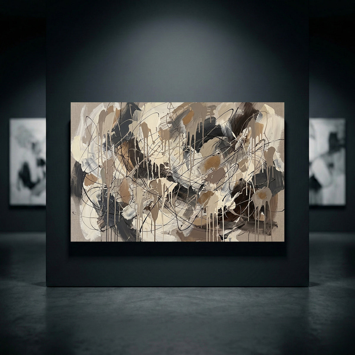 Modern abstract expressionist canvas print wall art with black, white, beige, and gold colors, featuring dynamic drips and strokes.