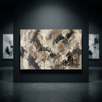 Modern abstract expressionist canvas print wall art with black, white, beige, and gold colors, featuring dynamic drips and strokes.